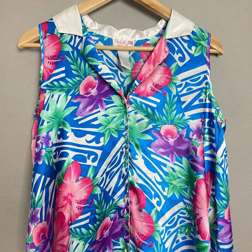 Vintage‎ Floral Blouse Satin Tropical Button-Up Sleeveless Size Small Blue Pink